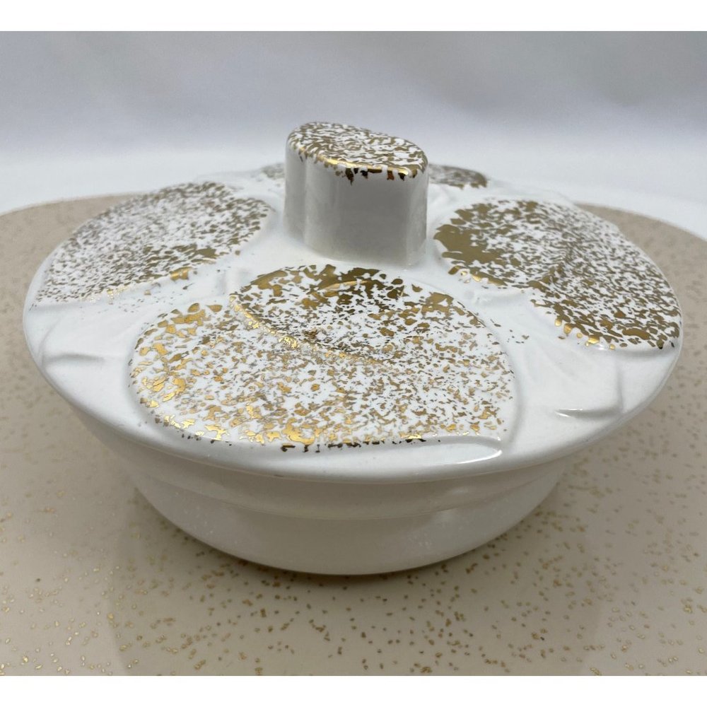 vintage 60s ceramic bowl with lid, gold details, USA pottery,